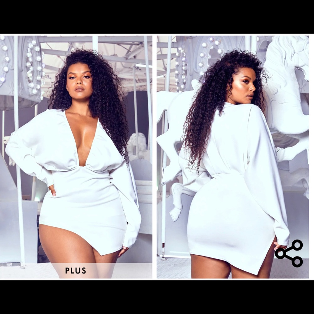 Plus White Pleated Balloon Sleeve Bodycon Dress